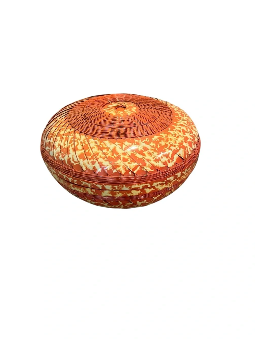 VTG Handwoven Round Bamboo & Rattan Lidded Basket Intricate Variegated